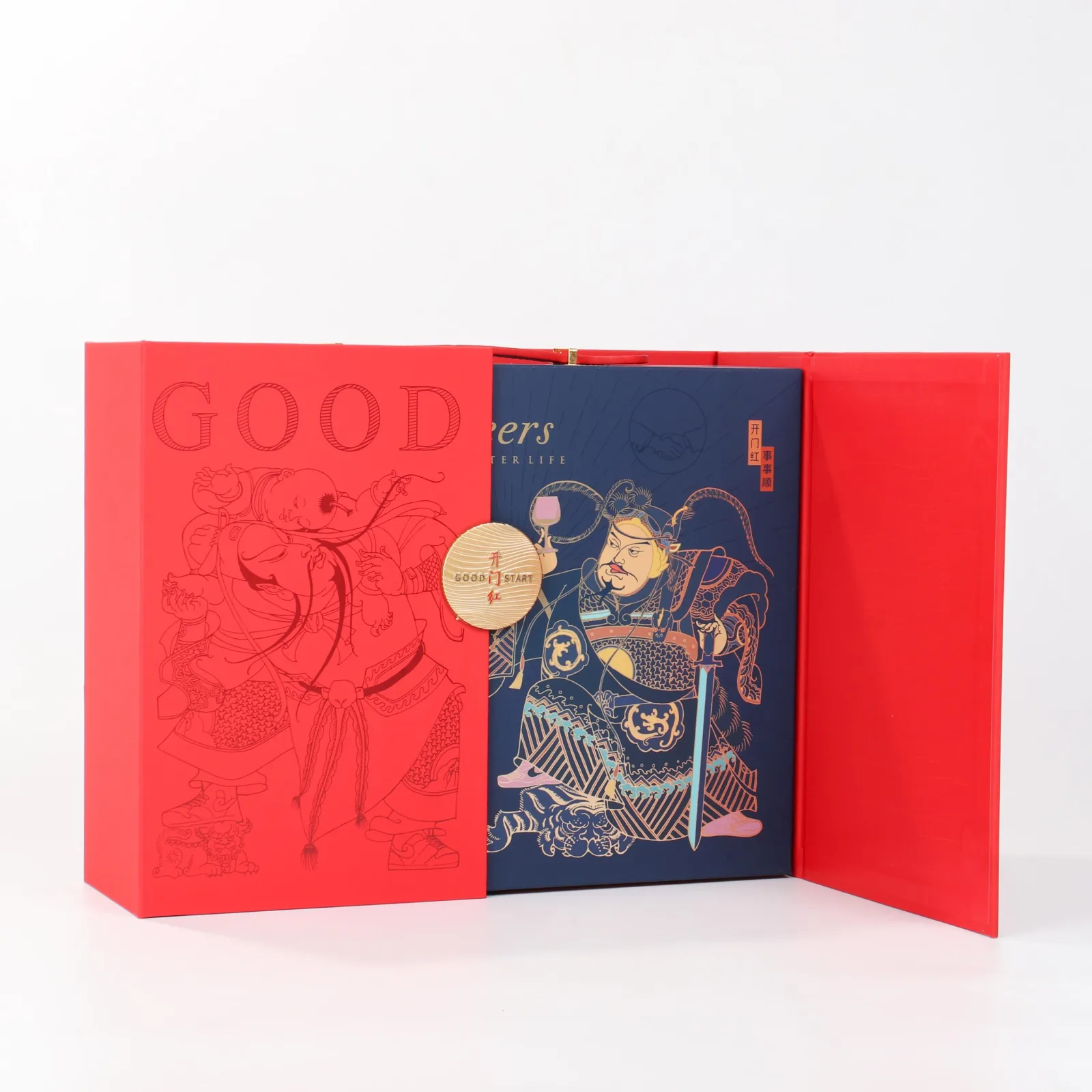 Double Bottle Red Wine Gift Box with Door God Motif