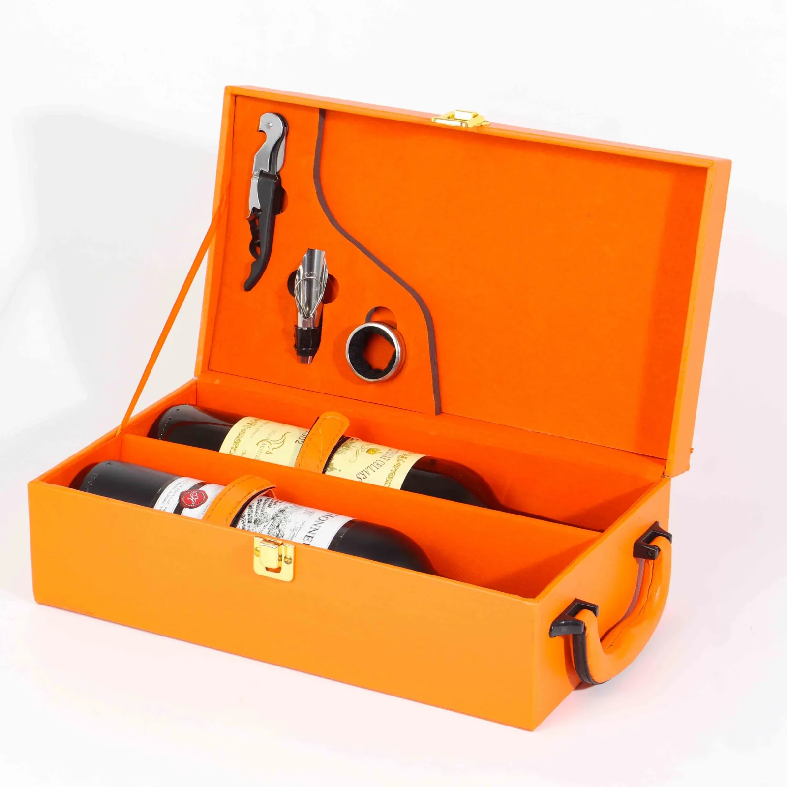 Premium Orange Leather Double Wine Bottle Gift Box with Utensils 2