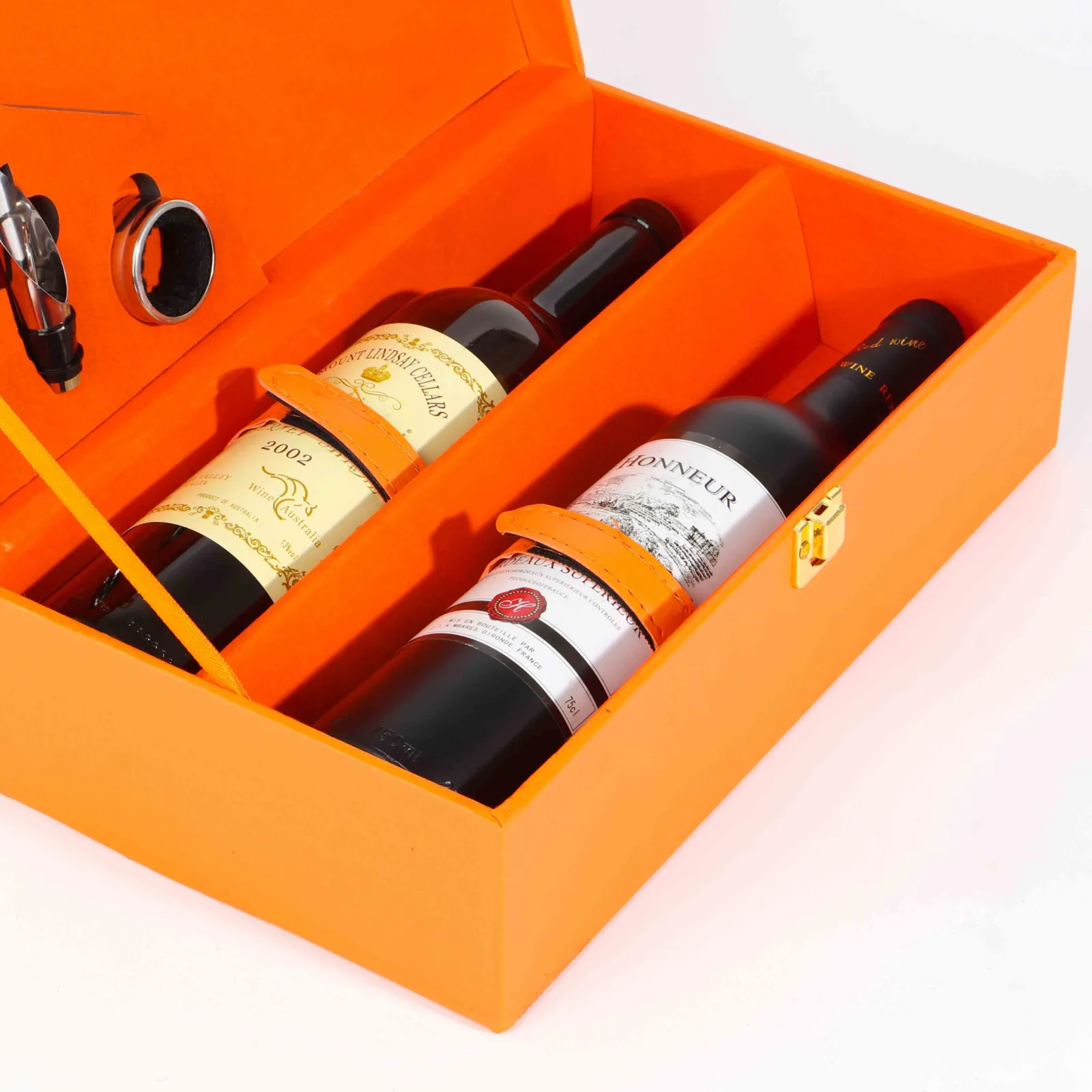 Premium Orange Leather Double Wine Bottle Gift Box with Utensils 3